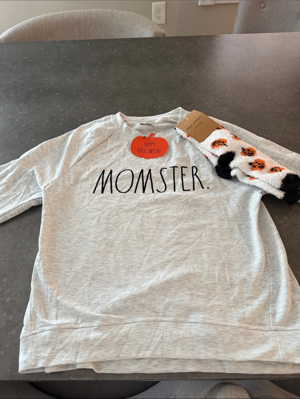 Rae Dunn Light Gray "MOMSTER." Graphic Sweatshirt